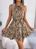 Leopard Print Ruffled Swing Halter Dress